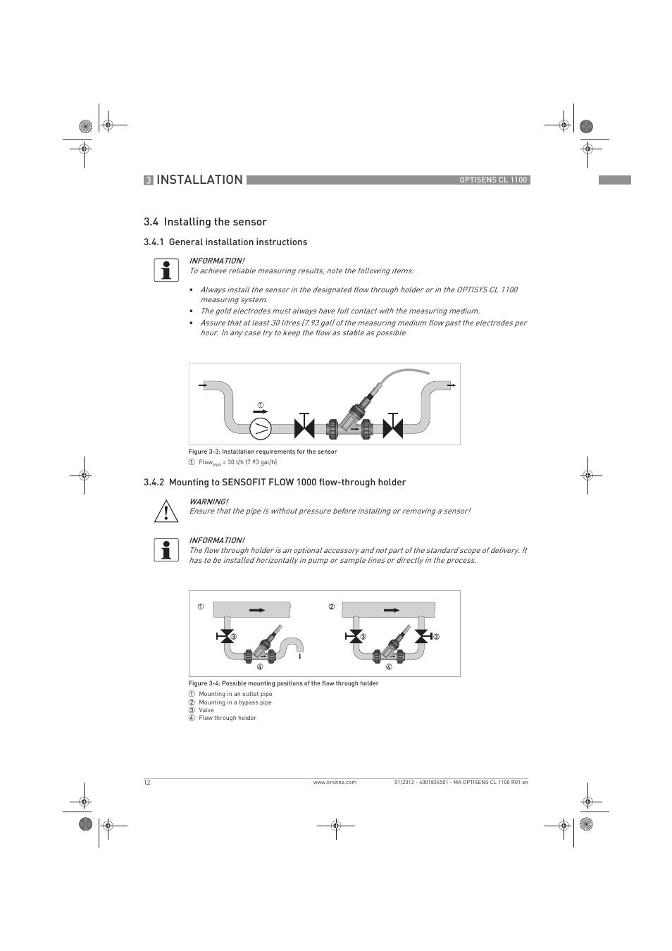 Installation, 4 installing the sensor | KROHNE OPTISENS CL 1100 EN User Manual | Page 12 / 48