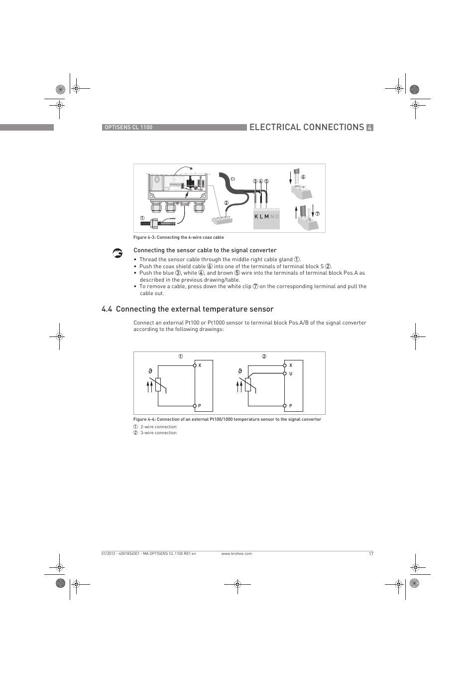 Electrical connections, 4 connecting the external temperature sensor | KROHNE OPTISENS CL 1100 EN User Manual | Page 17 / 48