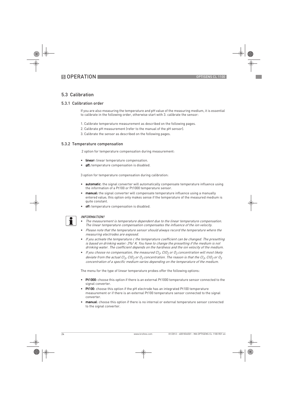 Operation, 3 calibration | KROHNE OPTISENS CL 1100 EN User Manual | Page 24 / 48