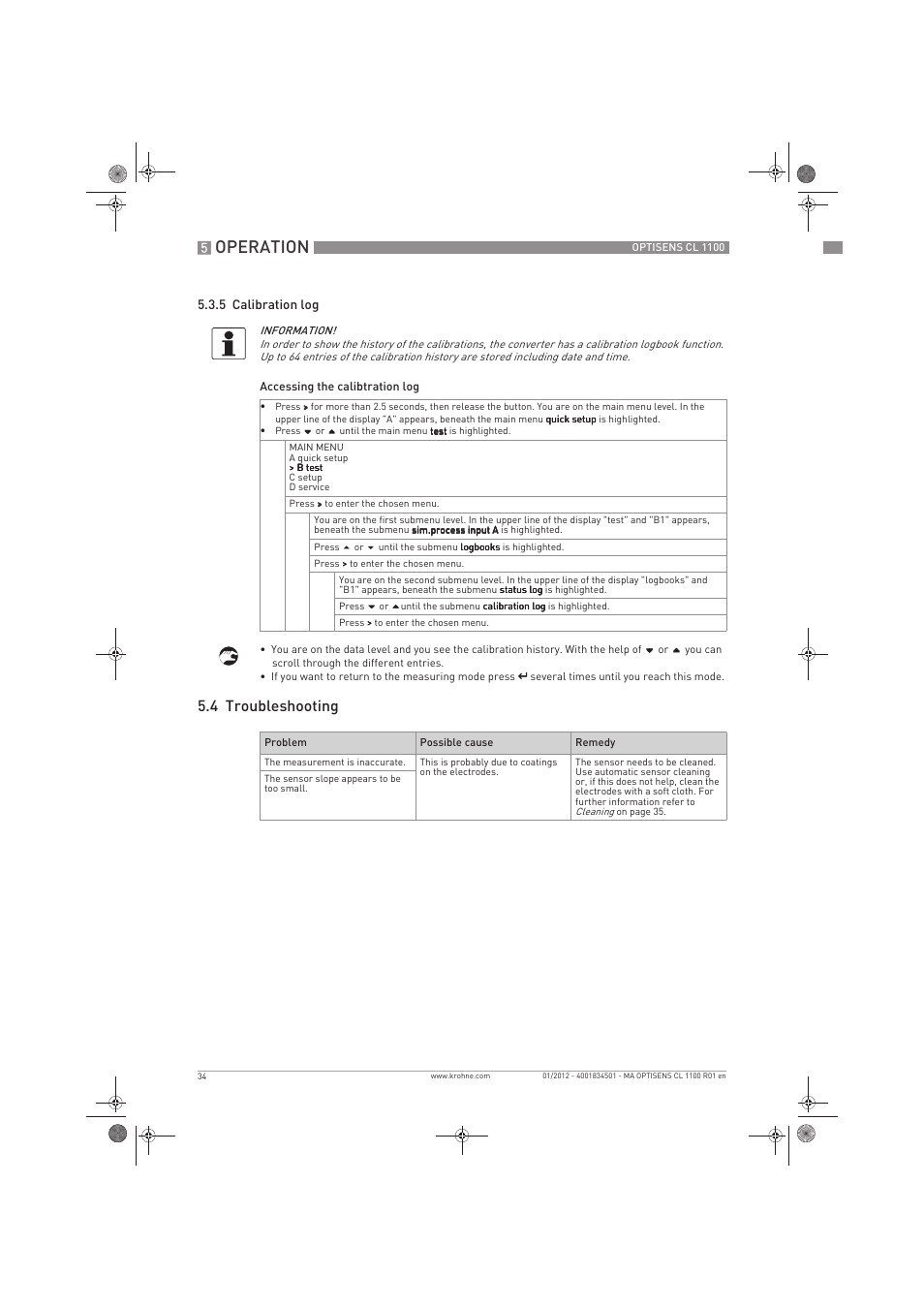 Operation, 4 troubleshooting | KROHNE OPTISENS CL 1100 EN User Manual | Page 34 / 48