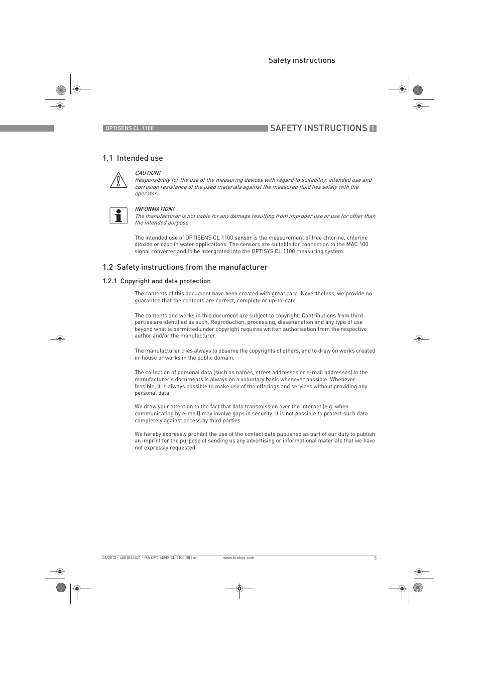 Safety instructions, Safety instructions 1.1 intended use, 2 safety instructions from the manufacturer | KROHNE OPTISENS CL 1100 EN User Manual | Page 5 / 48