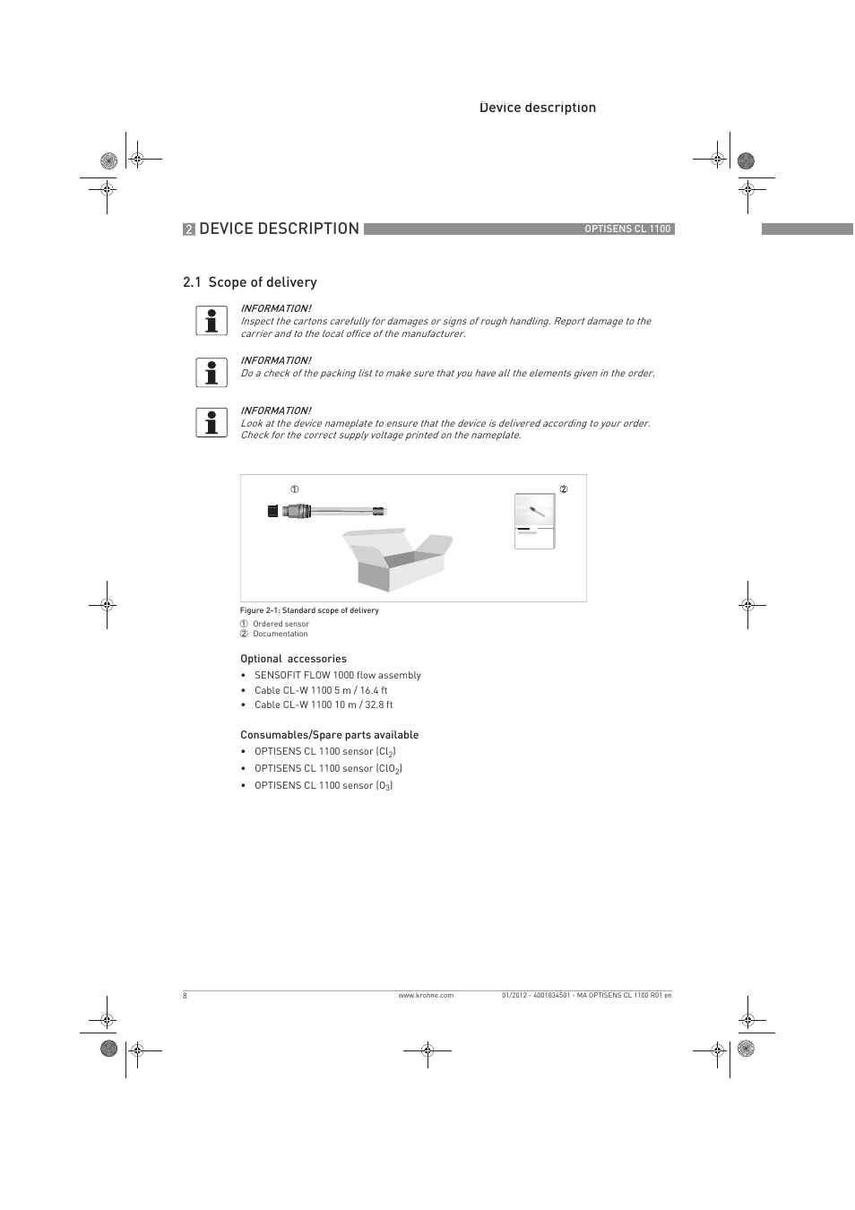 Device description, Device description 2.1 scope of delivery | KROHNE OPTISENS CL 1100 EN User Manual | Page 8 / 48