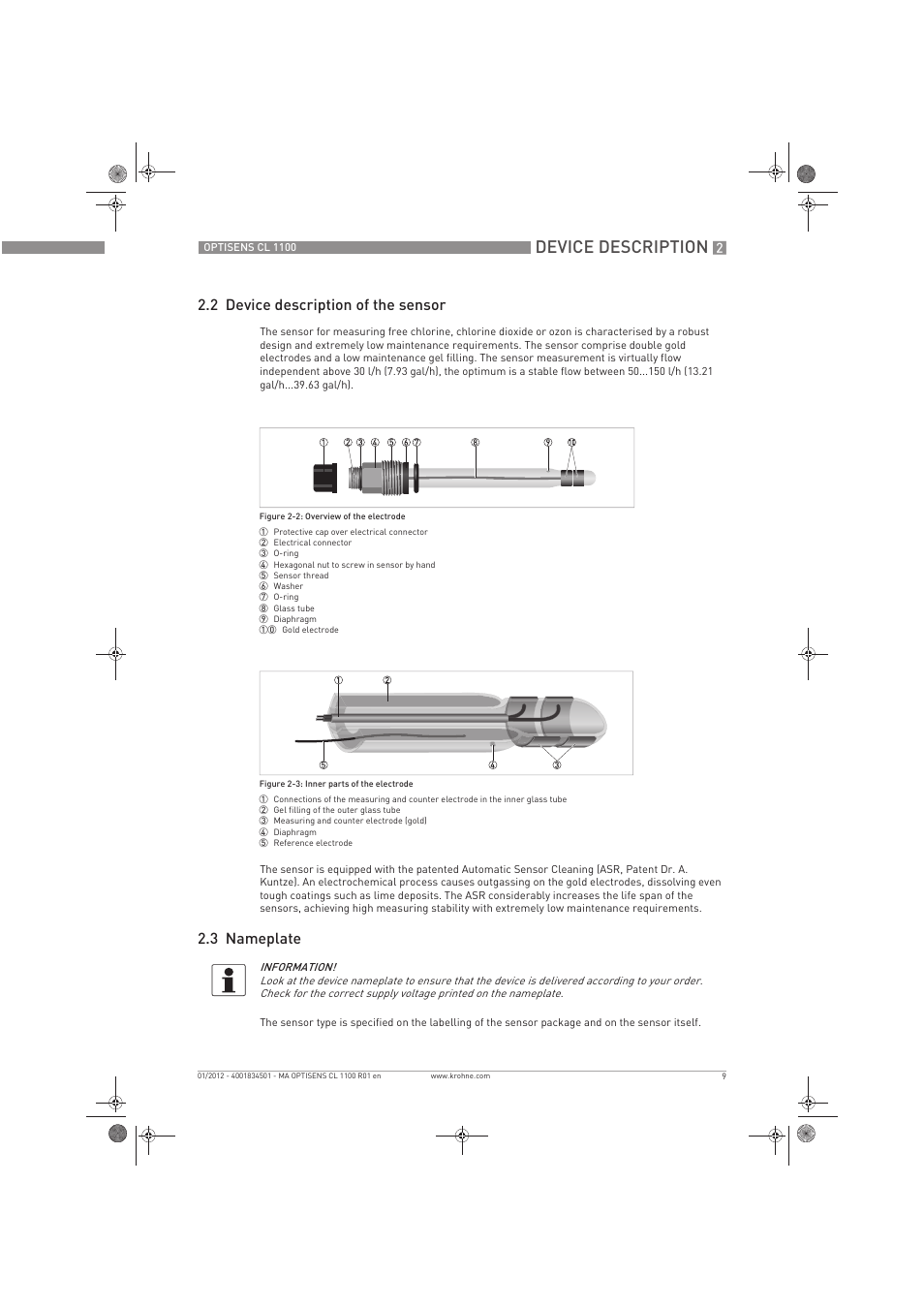 Device description, 2 device description of the sensor, 3 nameplate | KROHNE OPTISENS CL 1100 EN User Manual | Page 9 / 48