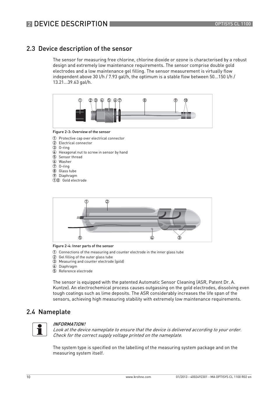 3 device description of the sensor, 4 nameplate, Device description | KROHNE OPTISYS CL 1100 EN User Manual | Page 10 / 44