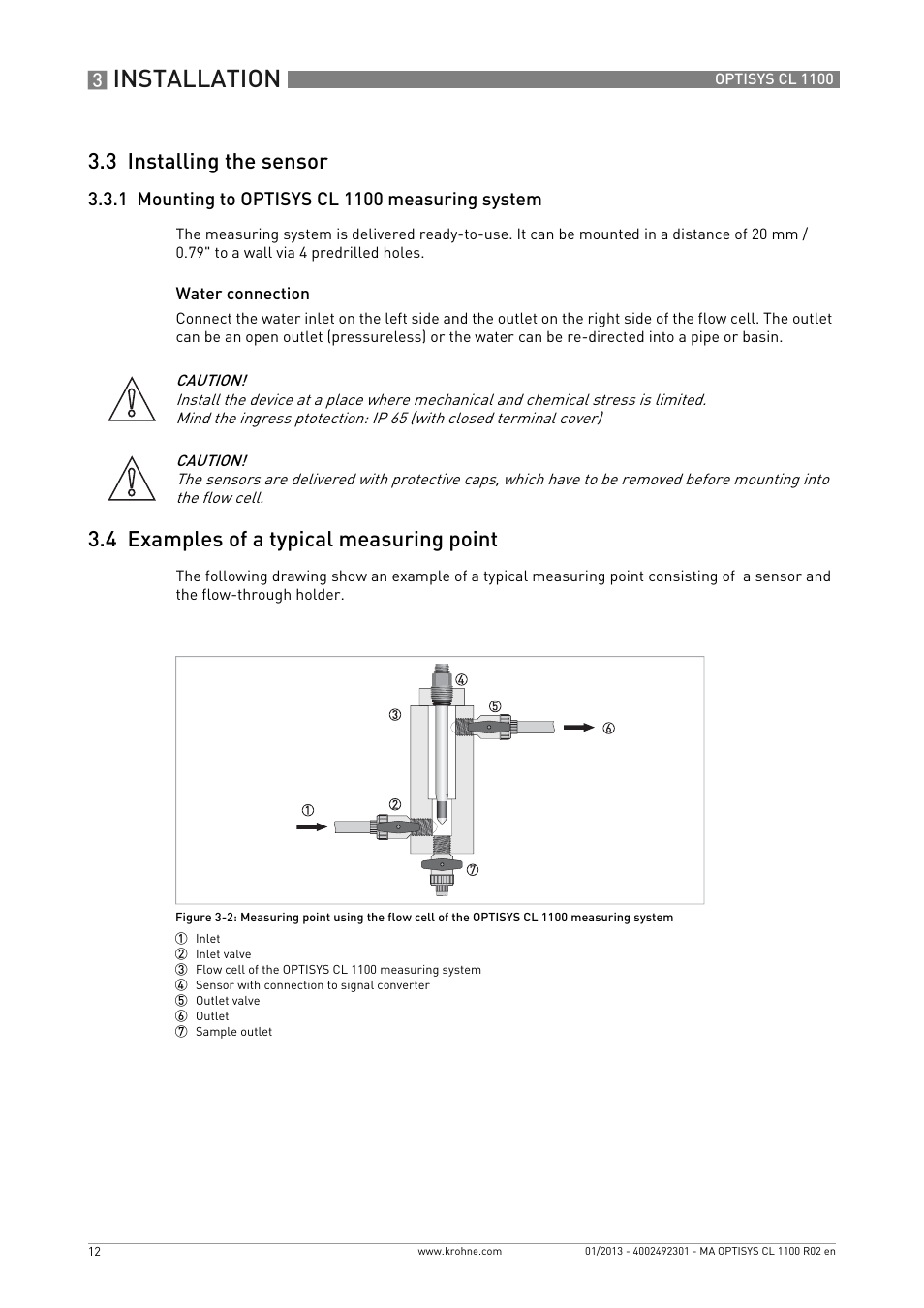 3 installing the sensor, 1 mounting to optisys cl 1100 measuring system, 4 examples of a typical measuring point | Installation | KROHNE OPTISYS CL 1100 EN User Manual | Page 12 / 44