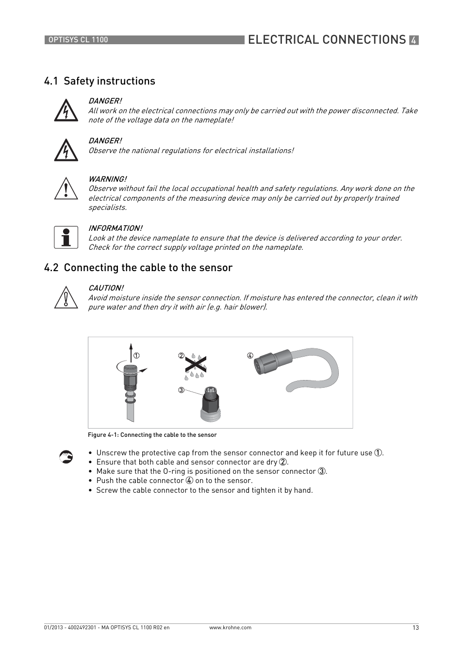 1 safety instructions, 2 connecting the cable to the sensor, Electrical connections | KROHNE OPTISYS CL 1100 EN User Manual | Page 13 / 44