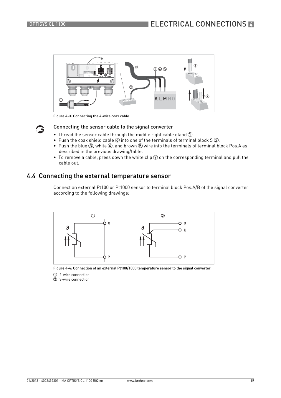 4 connecting the external temperature sensor, Electrical connections | KROHNE OPTISYS CL 1100 EN User Manual | Page 15 / 44