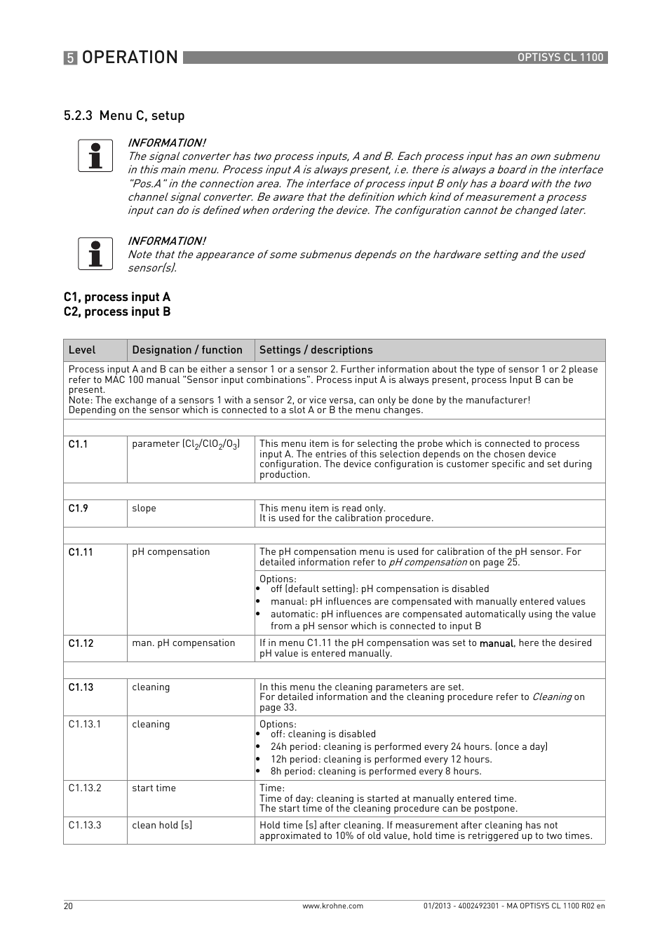 3 menu c, setup, C1, process input a c2, process input b, Operation | KROHNE OPTISYS CL 1100 EN User Manual | Page 20 / 44