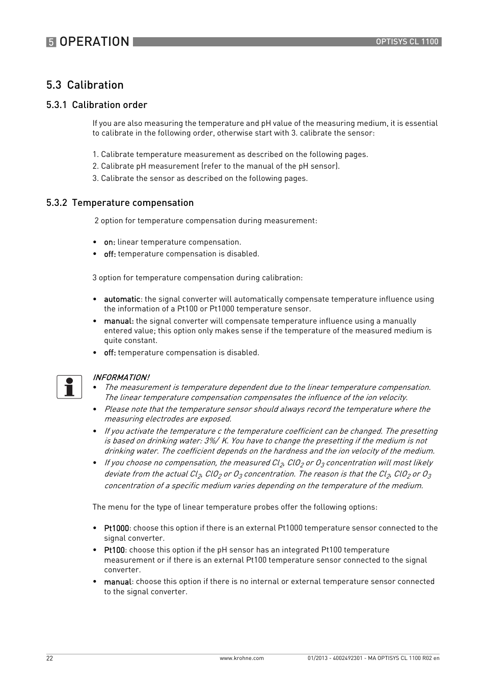 3 calibration, 1 calibration order, 2 temperature compensation | Operation | KROHNE OPTISYS CL 1100 EN User Manual | Page 22 / 44