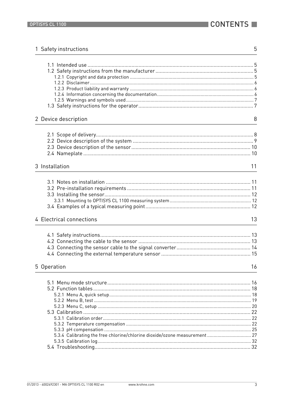 1 safety instructions 5, 1 intended use 5, 2 safety instructions from the manufacturer 5 | 1 copyright and data protection 5, 2 disclaimer 6, 3 product liability and warranty 6, 4 information concerning the documentation 6, 5 warnings and symbols used 7, 3 safety instructions for the operator 7, 2 device description 8 | KROHNE OPTISYS CL 1100 EN User Manual | Page 3 / 44