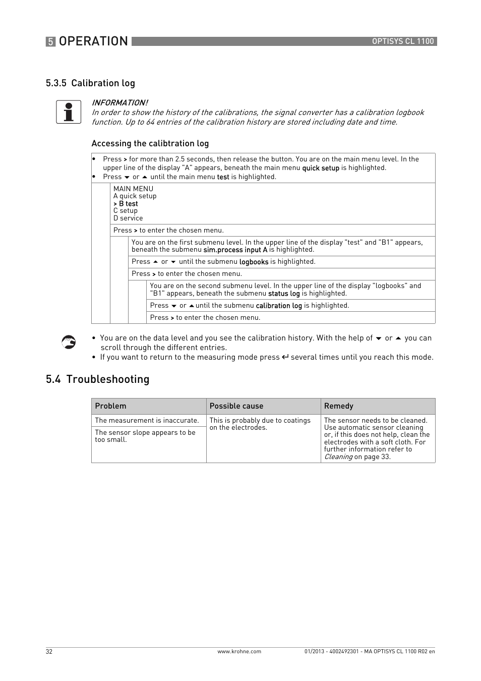 5 calibration log, 4 troubleshooting, Operation | KROHNE OPTISYS CL 1100 EN User Manual | Page 32 / 44