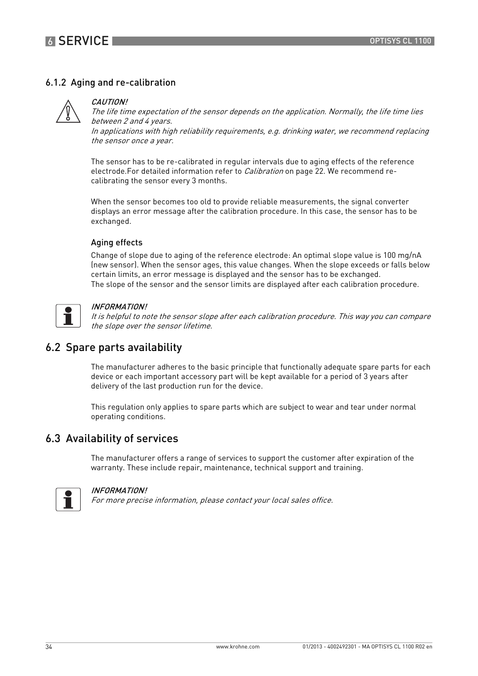 2 aging and re-calibration, 2 spare parts availability, 3 availability of services | Service | KROHNE OPTISYS CL 1100 EN User Manual | Page 34 / 44