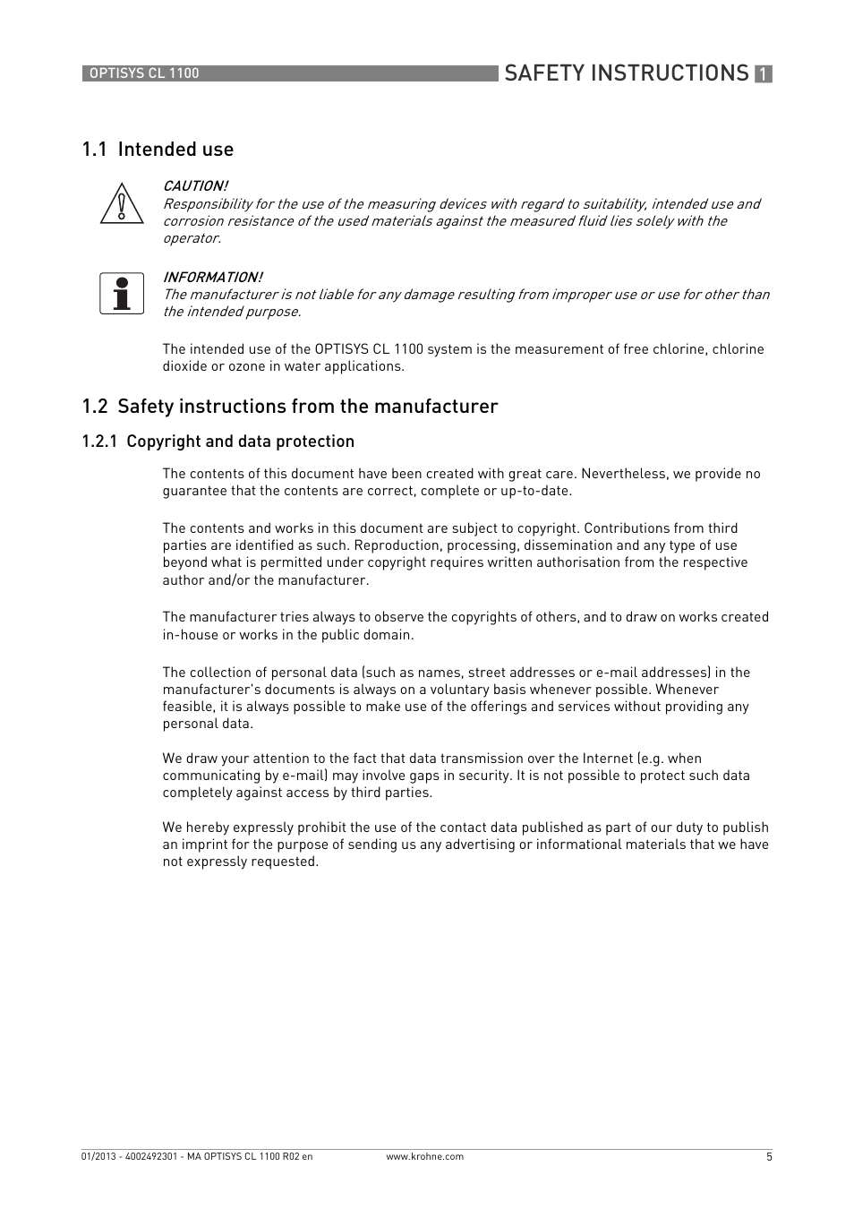1 intended use, 2 safety instructions from the manufacturer, 1 copyright and data protection | Safety instructions | KROHNE OPTISYS CL 1100 EN User Manual | Page 5 / 44