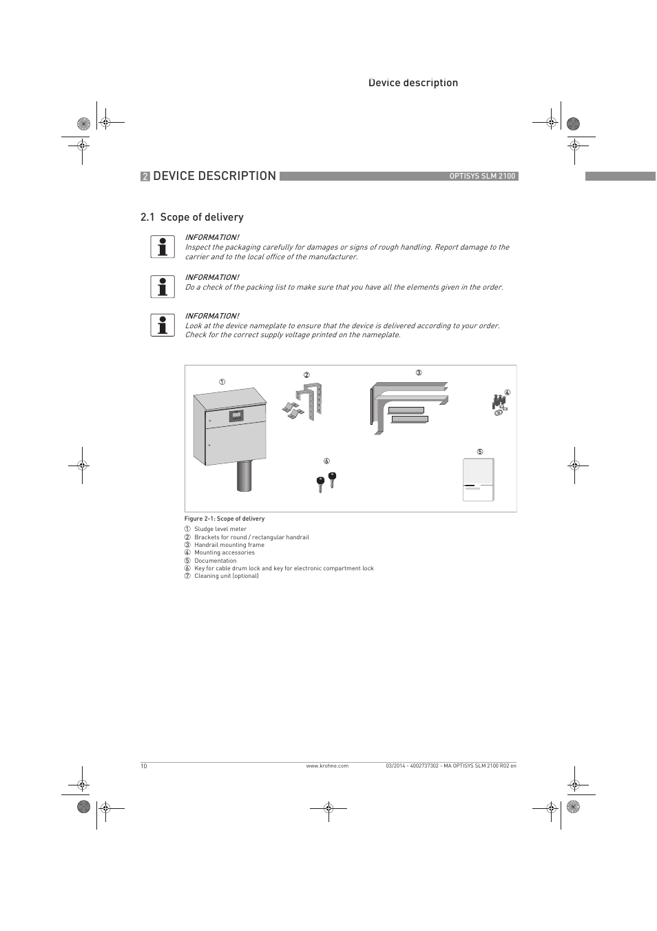 Device description, Device description 2.1 scope of delivery | KROHNE OPTISYS SLM 2100 EN User Manual | Page 10 / 76