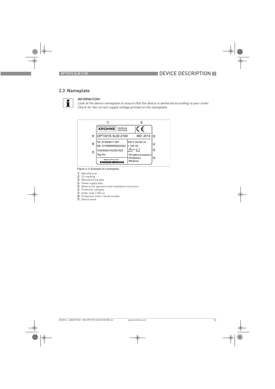 Device description, 3 nameplate | KROHNE OPTISYS SLM 2100 EN User Manual | Page 13 / 76