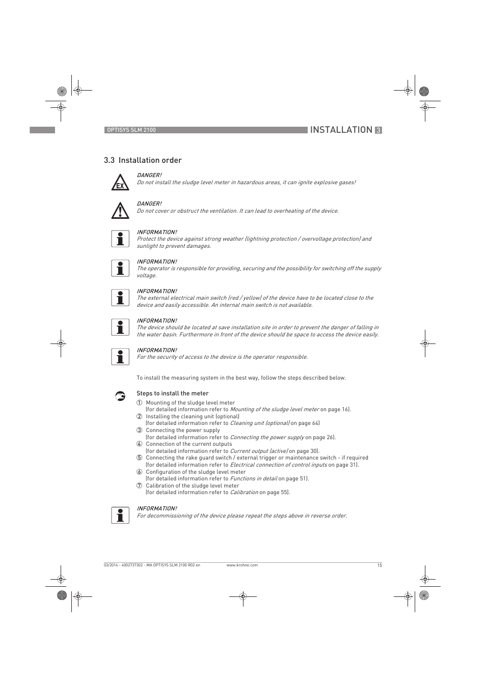 Installation, 3 installation order | KROHNE OPTISYS SLM 2100 EN User Manual | Page 15 / 76