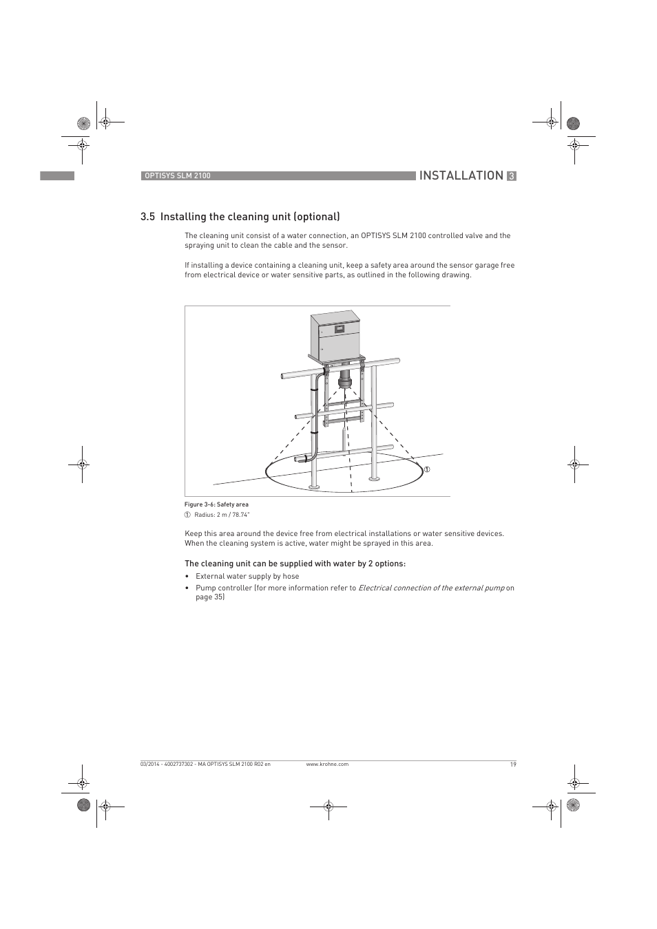Installation, 5 installing the cleaning unit (optional) | KROHNE OPTISYS SLM 2100 EN User Manual | Page 19 / 76