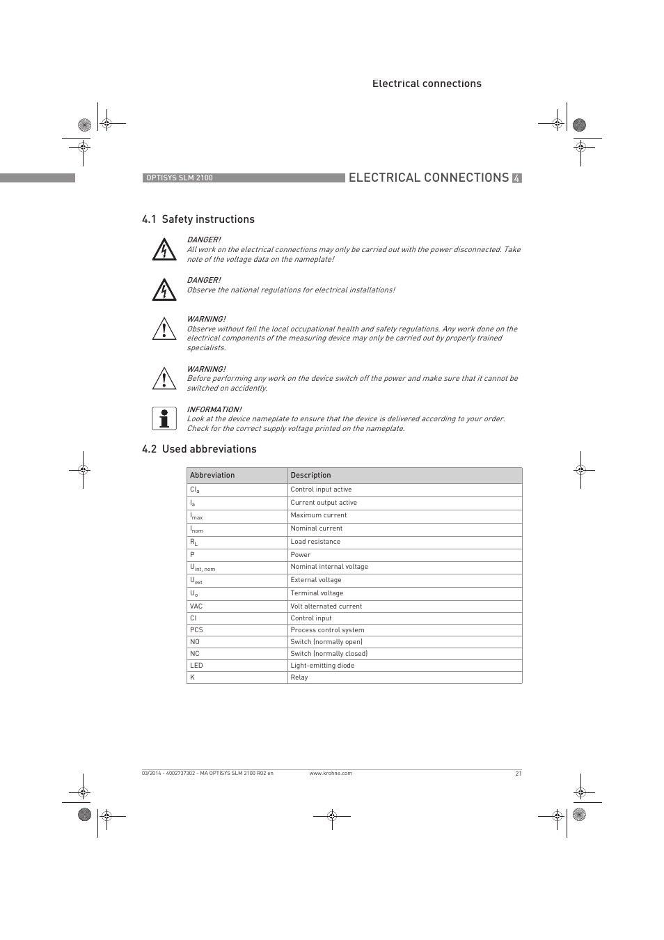 Electrical connections | KROHNE OPTISYS SLM 2100 EN User Manual | Page 21 / 76