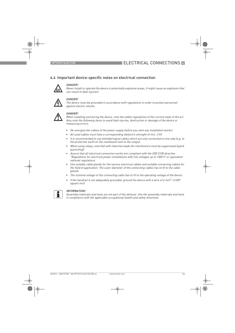 Electrical connections | KROHNE OPTISYS SLM 2100 EN User Manual | Page 23 / 76