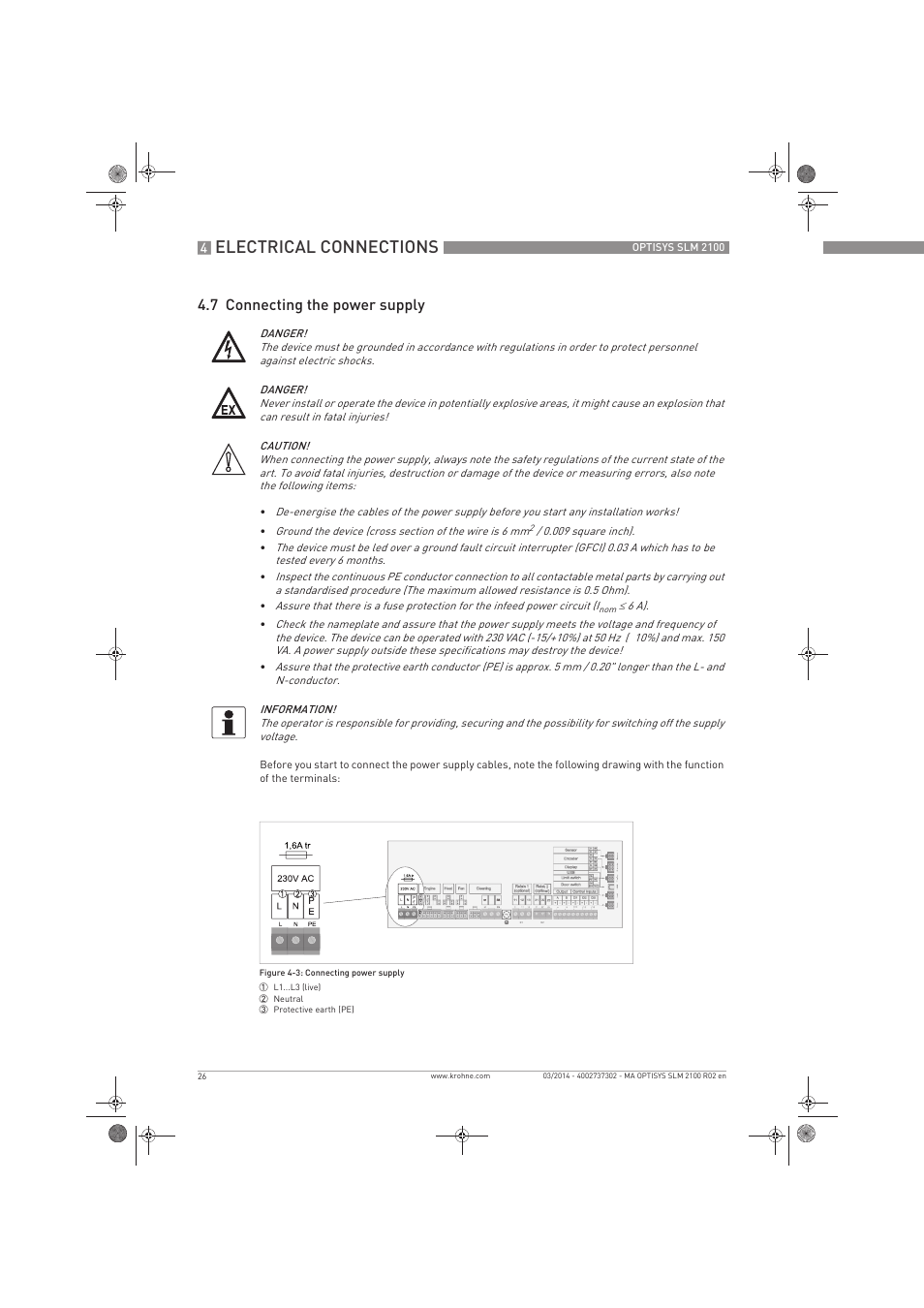 Electrical connections, 7 connecting the power supply | KROHNE OPTISYS SLM 2100 EN User Manual | Page 26 / 76