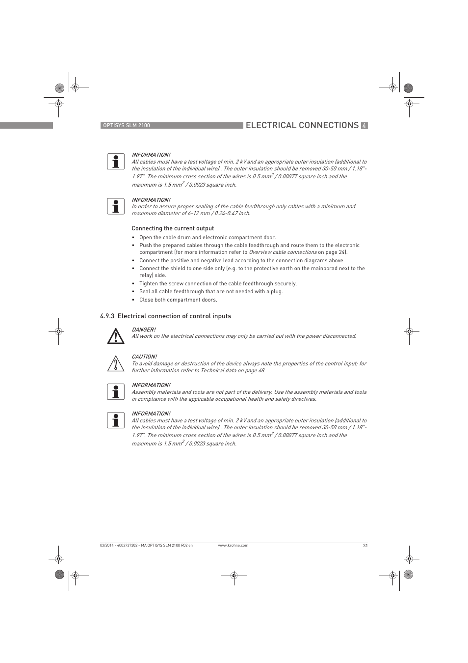 Electrical connections | KROHNE OPTISYS SLM 2100 EN User Manual | Page 31 / 76
