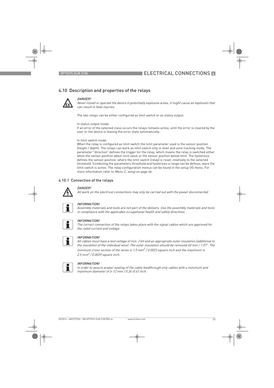 Electrical connections, 10 description and properties of the relays | KROHNE OPTISYS SLM 2100 EN User Manual | Page 33 / 76