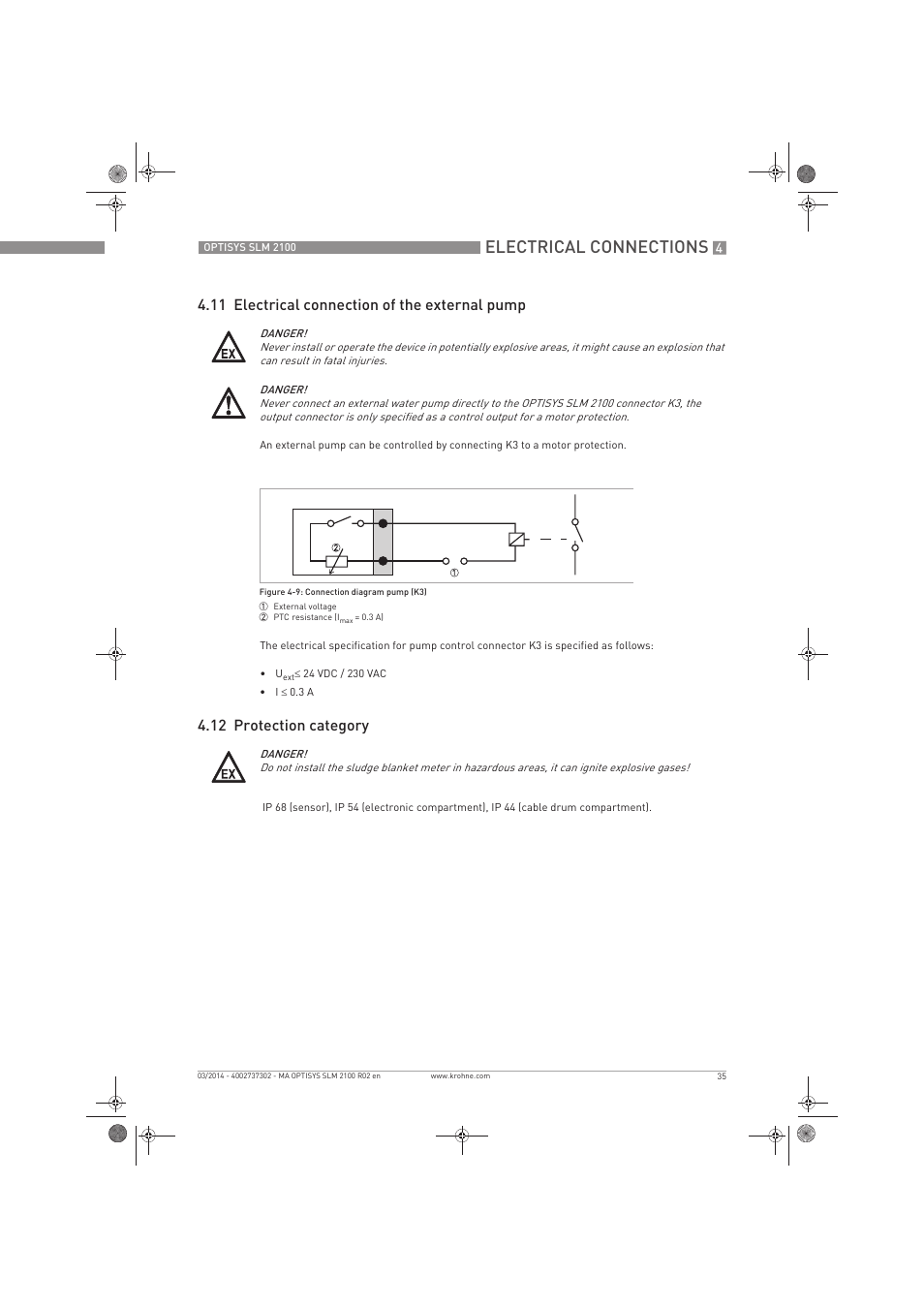 Electrical connections, 11 electrical connection of the external pump, 12 protection category | KROHNE OPTISYS SLM 2100 EN User Manual | Page 35 / 76