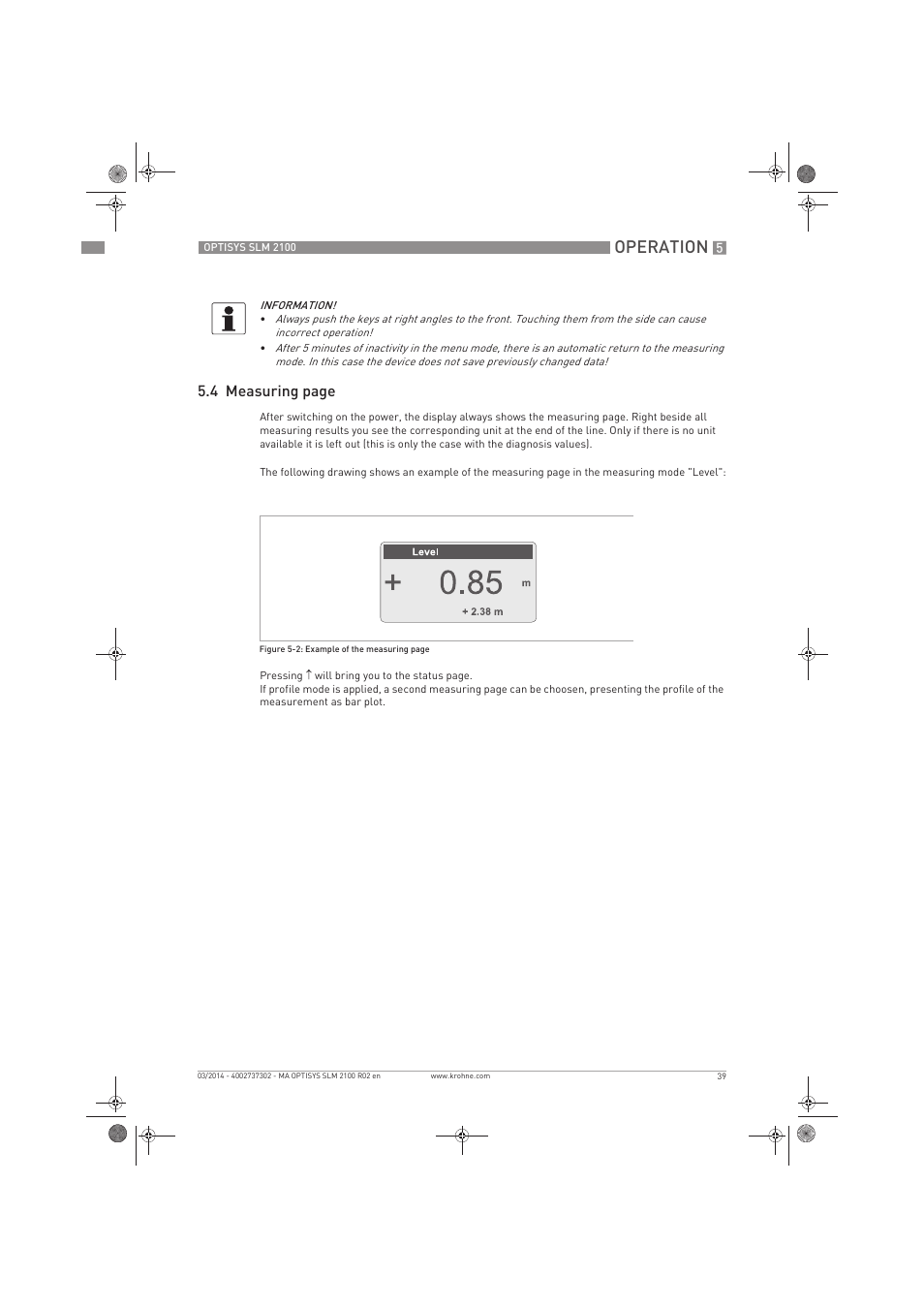Operation, 4 measuring page | KROHNE OPTISYS SLM 2100 EN User Manual | Page 39 / 76