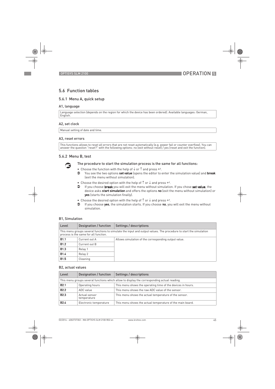 Operation, 6 function tables | KROHNE OPTISYS SLM 2100 EN User Manual | Page 45 / 76