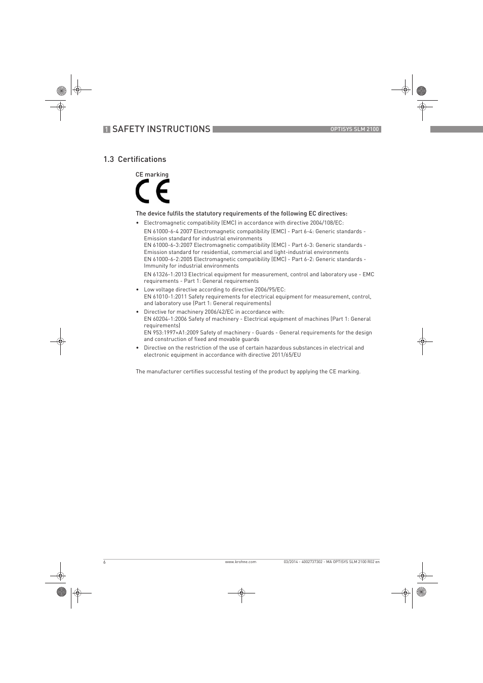 Safety instructions, 3 certifications | KROHNE OPTISYS SLM 2100 EN User Manual | Page 6 / 76
