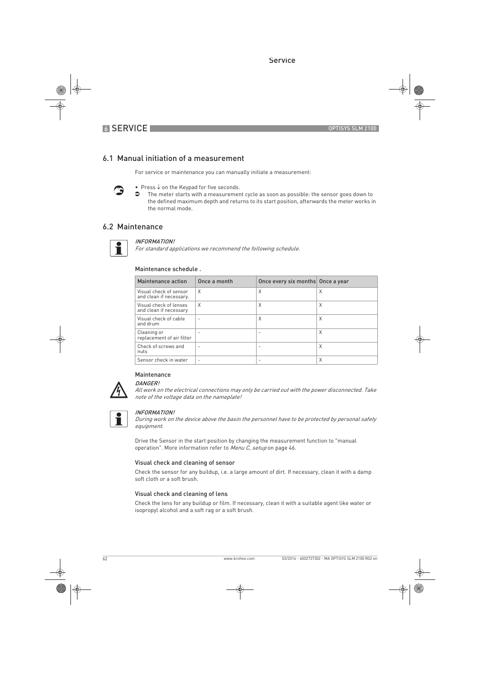 Service, Service 6.1 manual initiation of a measurement, 2 maintenance | KROHNE OPTISYS SLM 2100 EN User Manual | Page 62 / 76