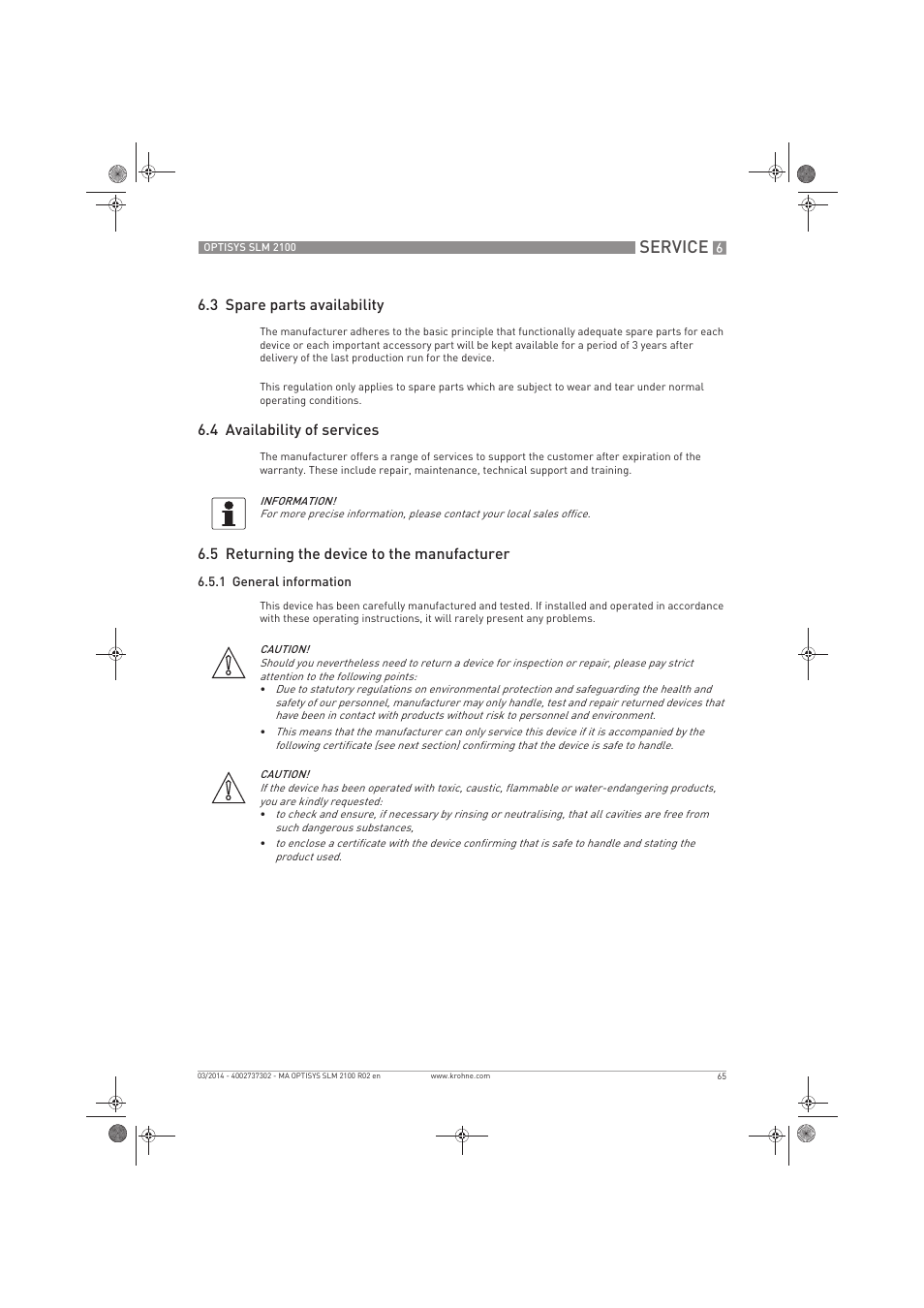 Service, 3 spare parts availability, 4 availability of services | 5 returning the device to the manufacturer | KROHNE OPTISYS SLM 2100 EN User Manual | Page 65 / 76