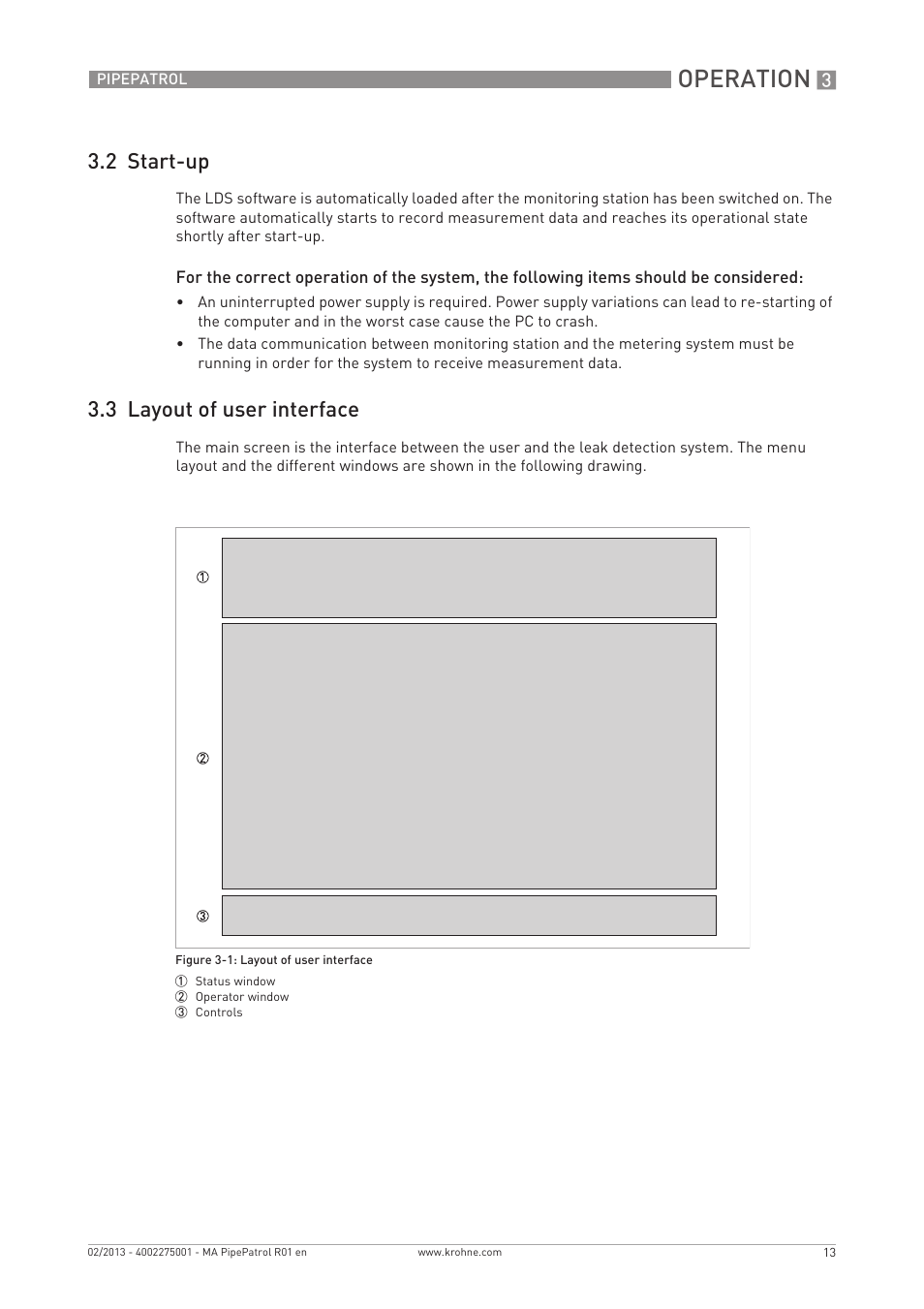 Operation, 2 start-up, 3 layout of user interface | KROHNE PipePatro EN User Manual | Page 13 / 48