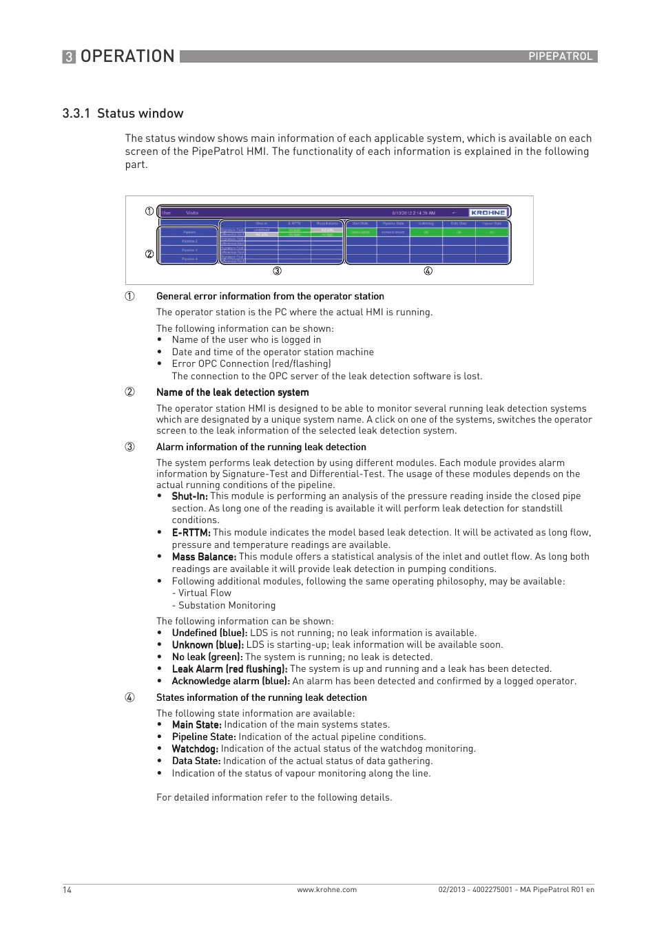 Operation, 1 status window | KROHNE PipePatro EN User Manual | Page 14 / 48