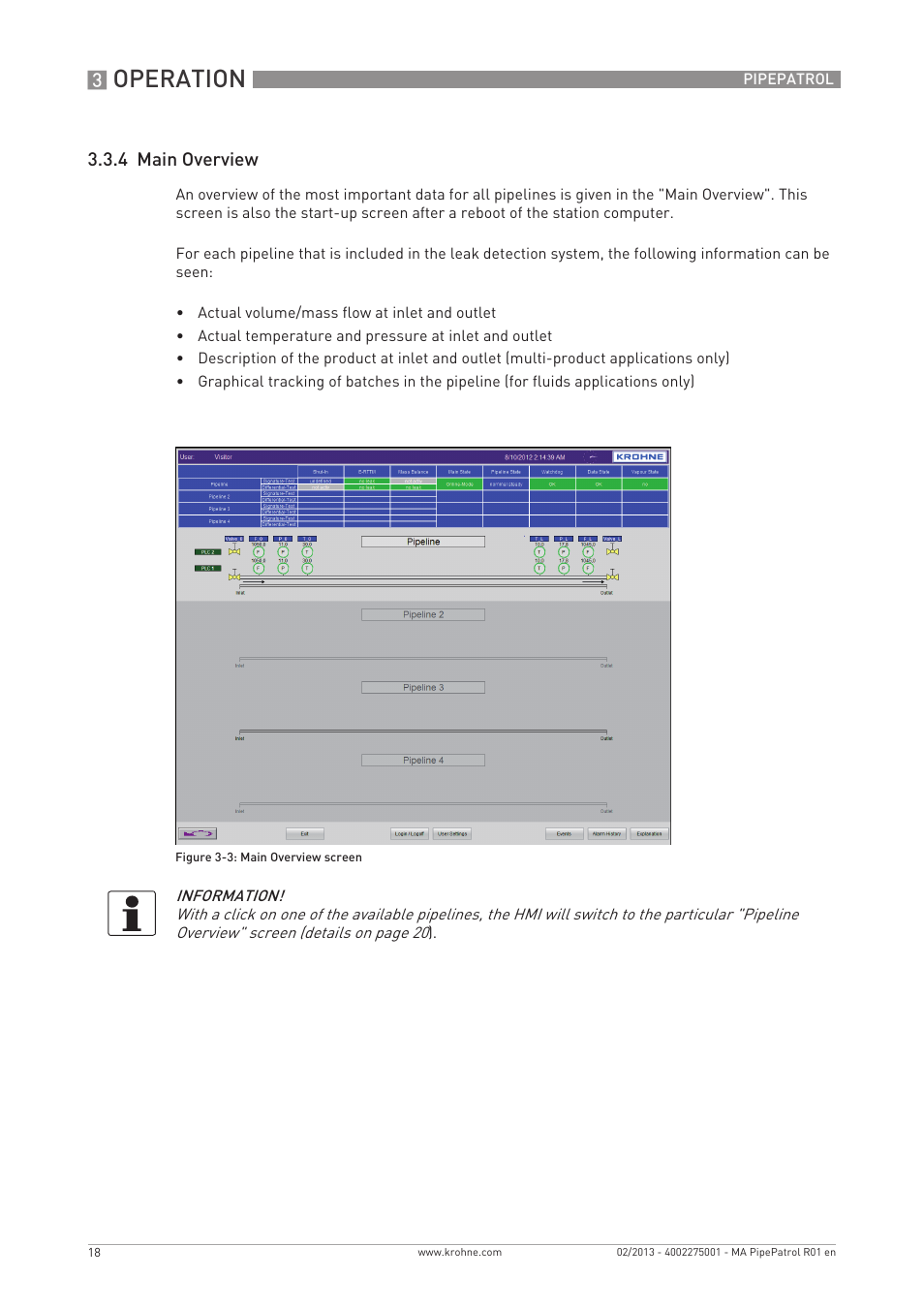 Operation, 4 main overview | KROHNE PipePatro EN User Manual | Page 18 / 48