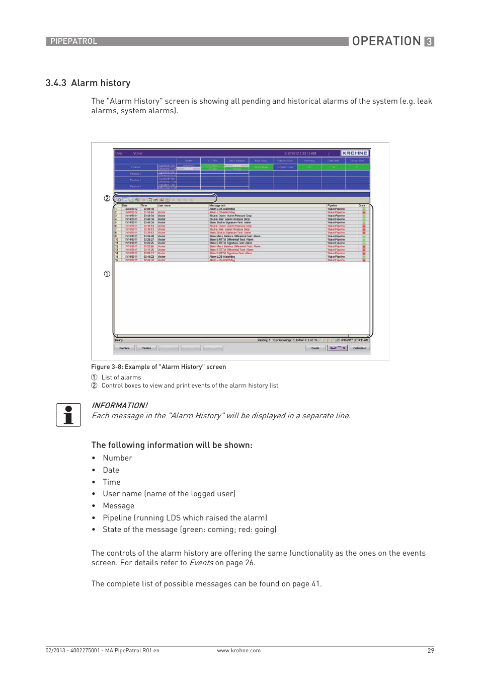 Operation, 3 alarm history | KROHNE PipePatro EN User Manual | Page 29 / 48