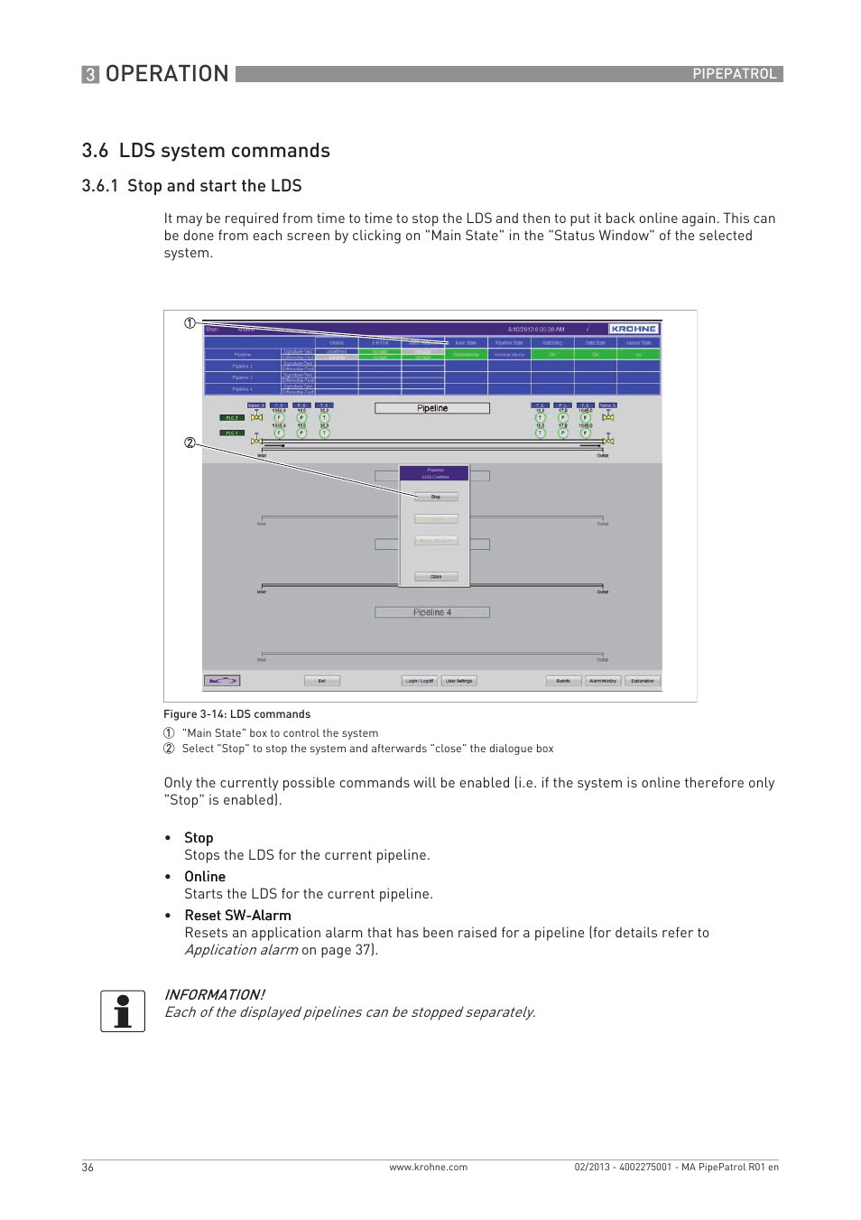 Operation, 6 lds system commands, 1 stop and start the lds | KROHNE PipePatro EN User Manual | Page 36 / 48