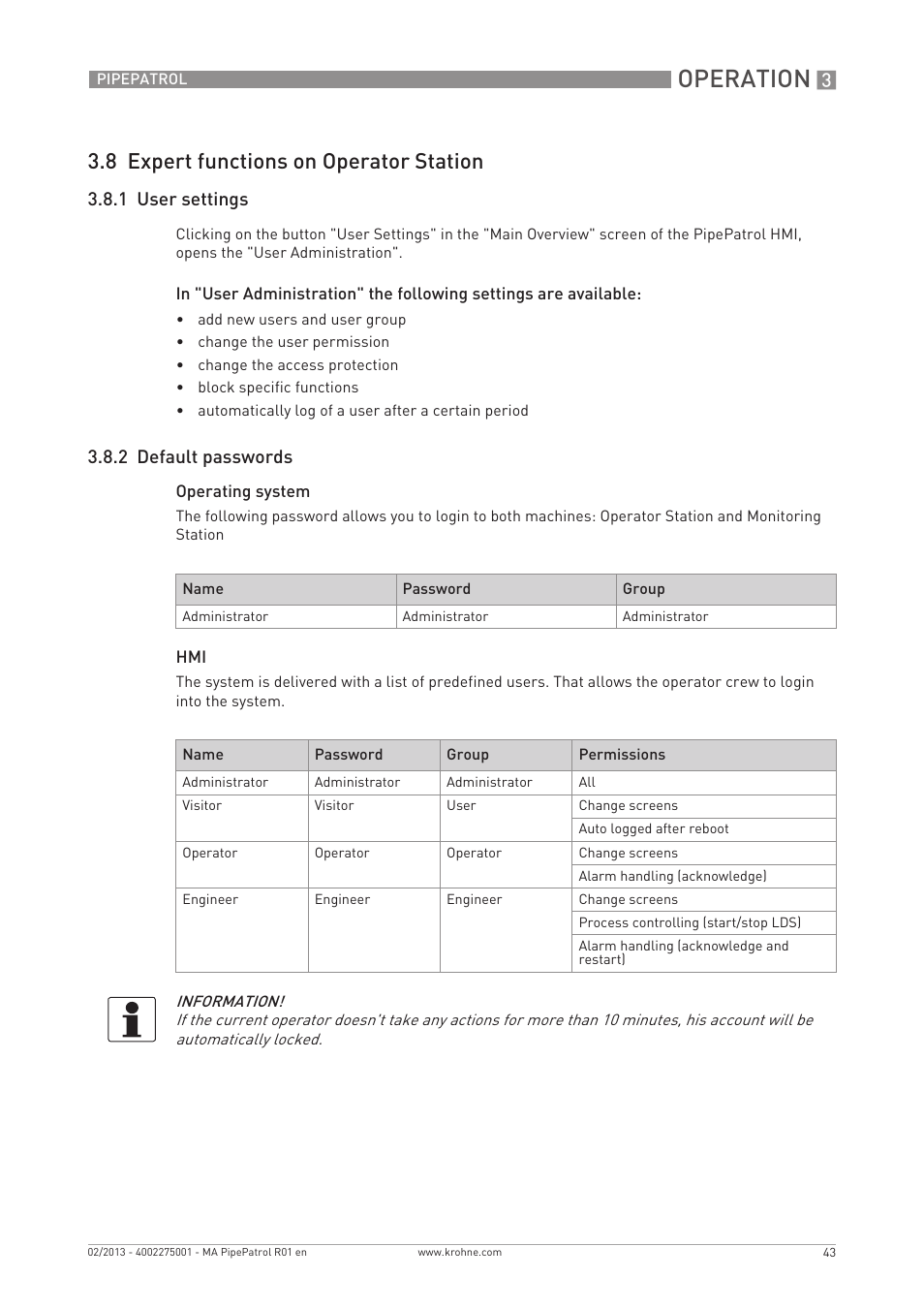 Operation, 8 expert functions on operator station, 1 user settings | 2 default passwords | KROHNE PipePatro EN User Manual | Page 43 / 48