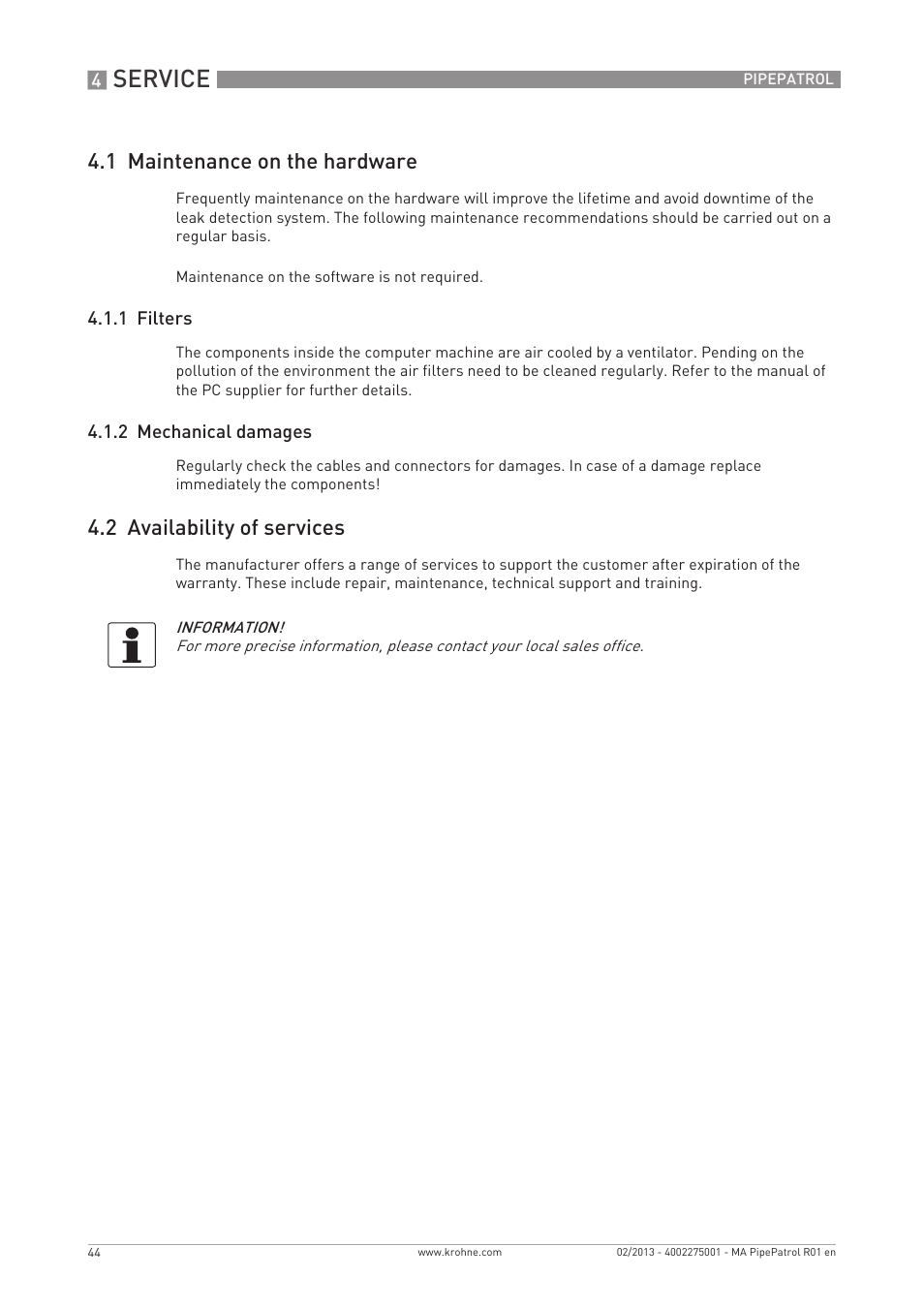 Service, 1 maintenance on the hardware, 2 availability of services | KROHNE PipePatro EN User Manual | Page 44 / 48