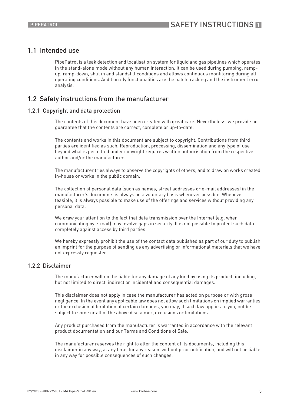 Safety instructions, 1 intended use, 2 safety instructions from the manufacturer | KROHNE PipePatro EN User Manual | Page 5 / 48
