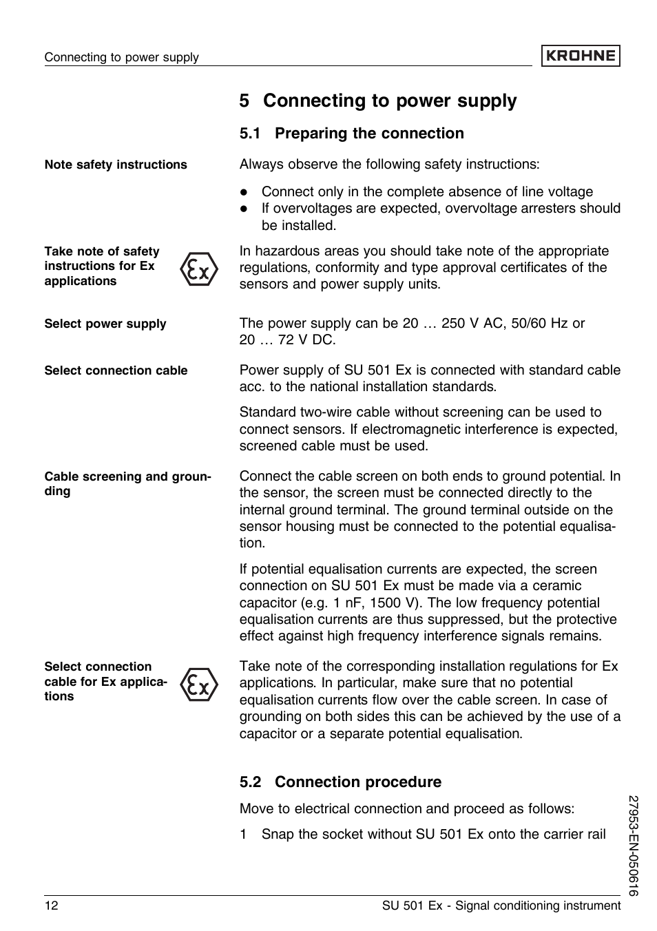5 connecting to power supply, 1 preparing the connection, 2 connection procedure | KROHNE SU 501 EX EN User Manual | Page 12 / 36