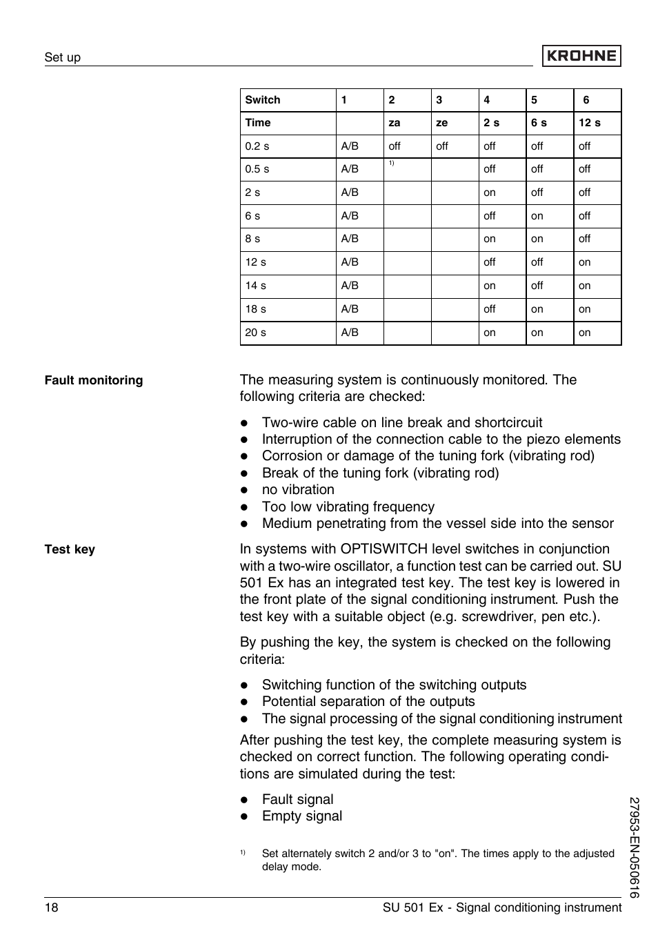 Two-wire cable on line break and shortcircuit, Break of the tuning fork (vibrating rod), No vibration | Too low vibrating frequency, Switching function of the switching outputs, Potential separation of the outputs, Fault signal, Empty signal | KROHNE SU 501 EX EN User Manual | Page 18 / 36