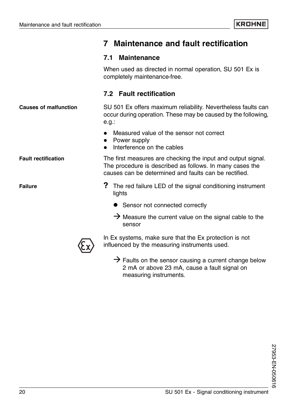 7 maintenance and fault rectification, 1 maintenance, 2 fault rectification | 7 maintenance and fault rectiﬁcation | KROHNE SU 501 EX EN User Manual | Page 20 / 36