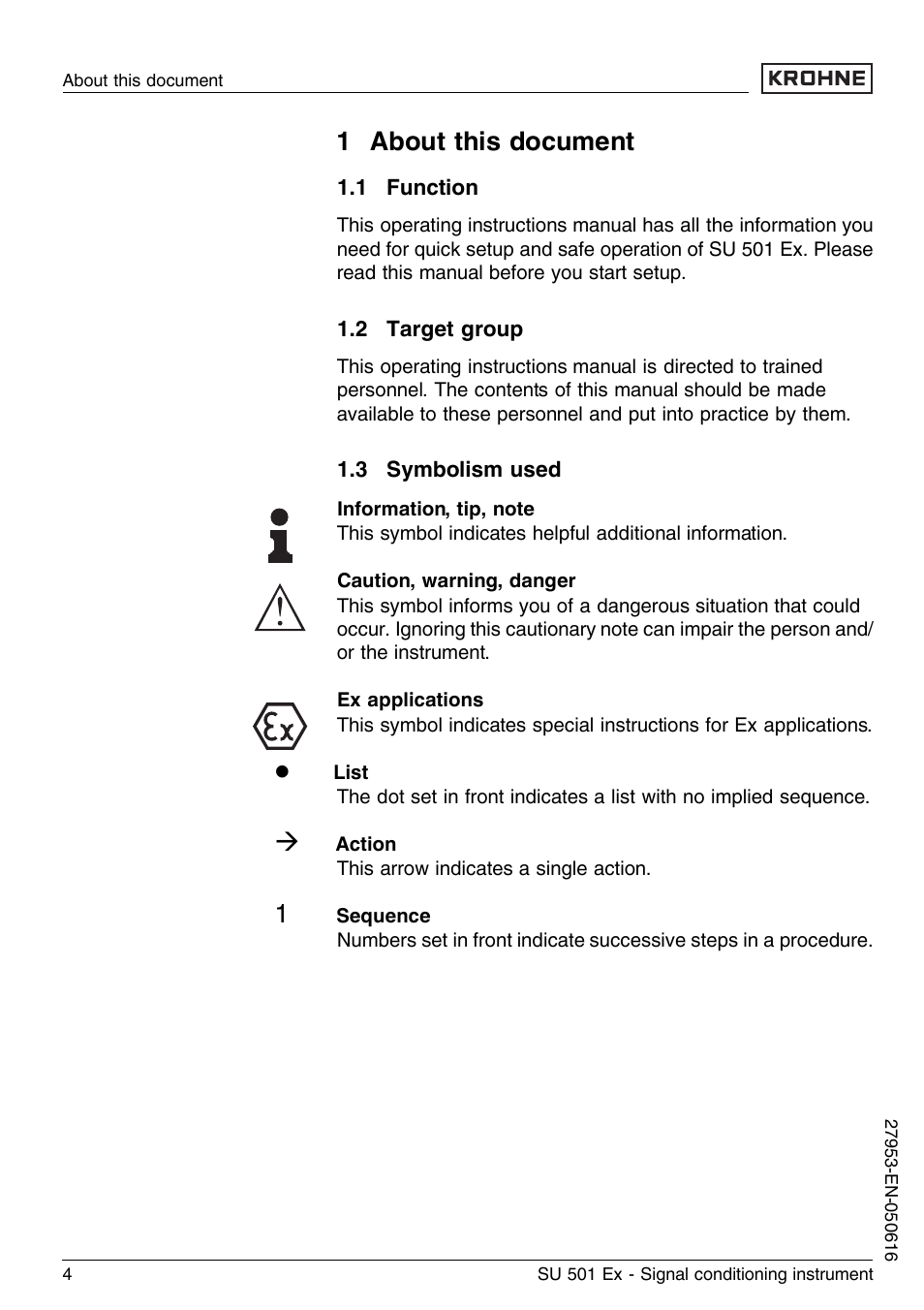 1 about this document, 1 function, 2 target group | 3 symbolism used | KROHNE SU 501 EX EN User Manual | Page 4 / 36