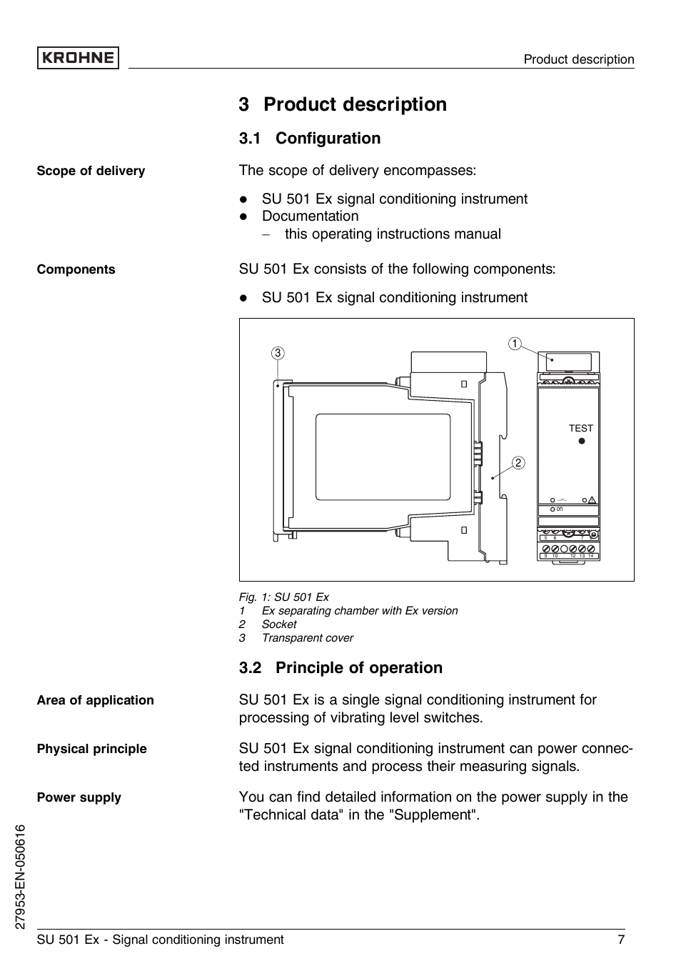 3 product description, 1 configuration, 2 principle of operation | 3 adjustment, 1 conﬁguration, The scope of delivery encompasses, Su 501 ex signal conditioning instrument | KROHNE SU 501 EX EN User Manual | Page 7 / 36