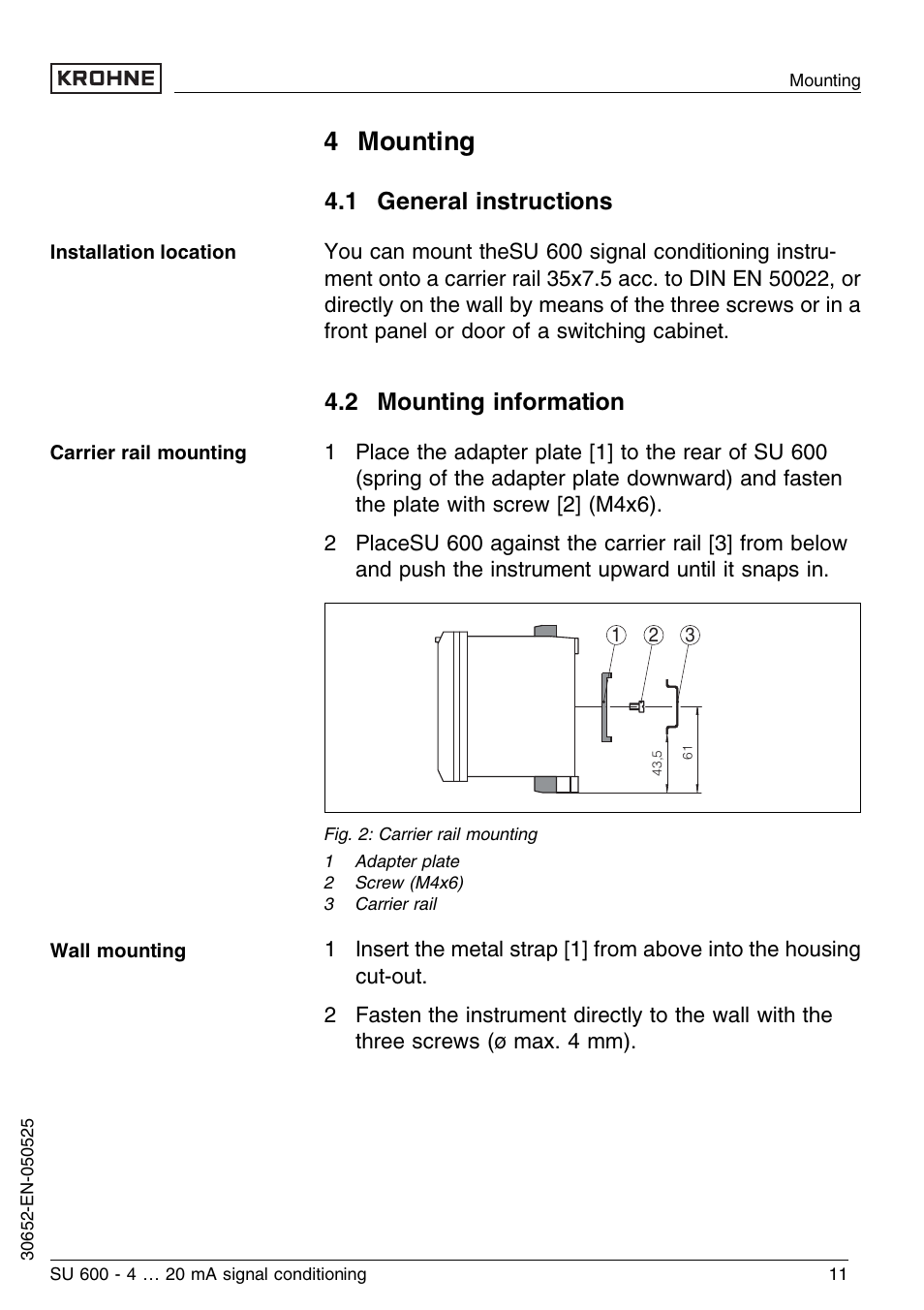 4 mounting, 1 general instructions, 2 mounting information | KROHNE SU 600 EN User Manual | Page 11 / 36