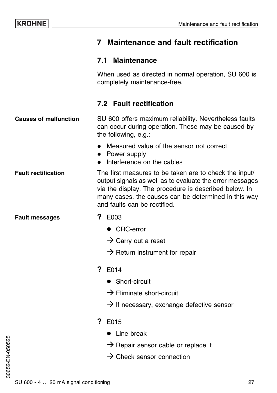 7 maintenance and fault rectification, 1 maintenance, 2 fault rectification | 7 maintenance and fault rectiﬁcation | KROHNE SU 600 EN User Manual | Page 27 / 36