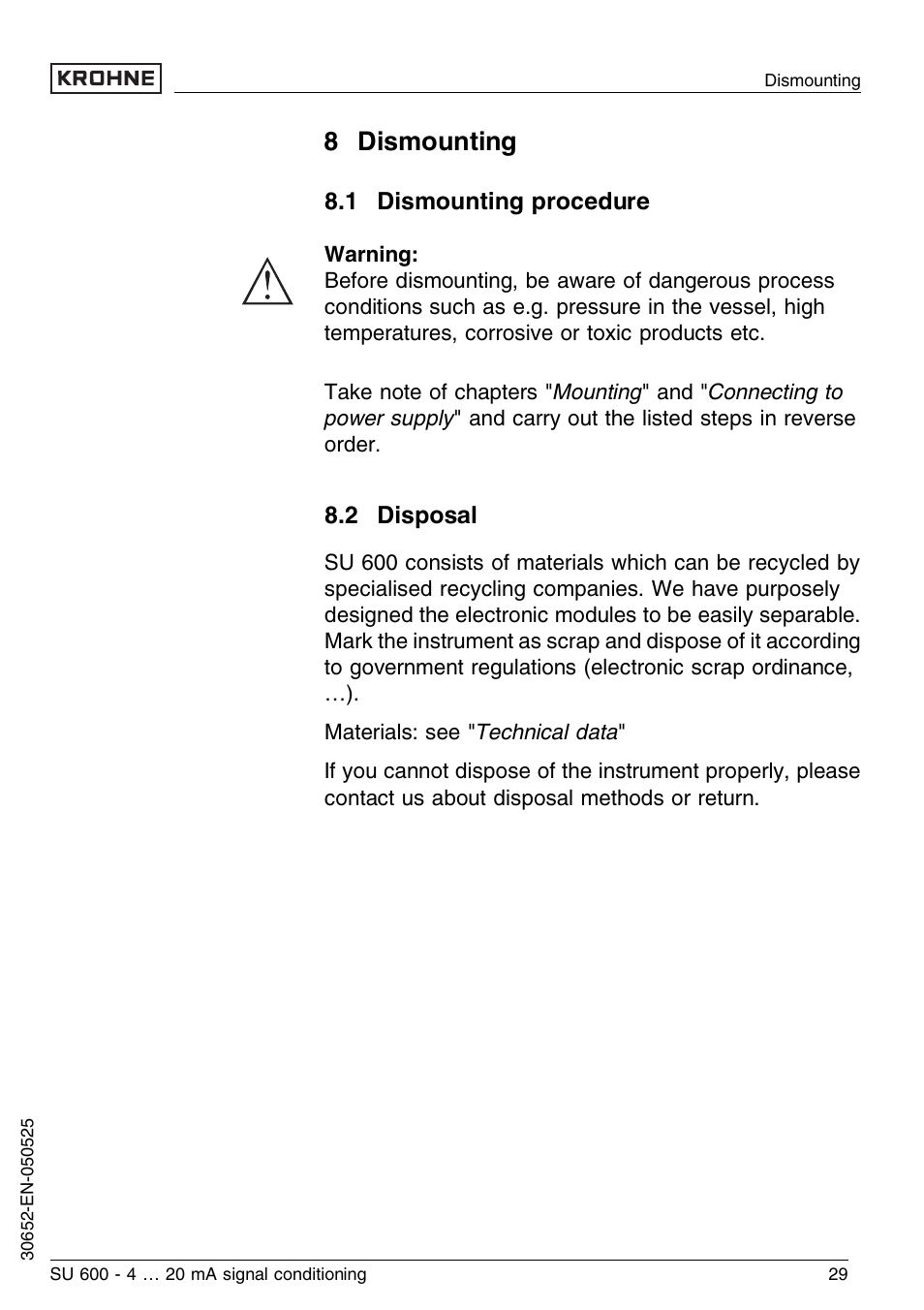 8 dismounting, 1 dismounting procedure, 2 disposal | KROHNE SU 600 EN User Manual | Page 29 / 36