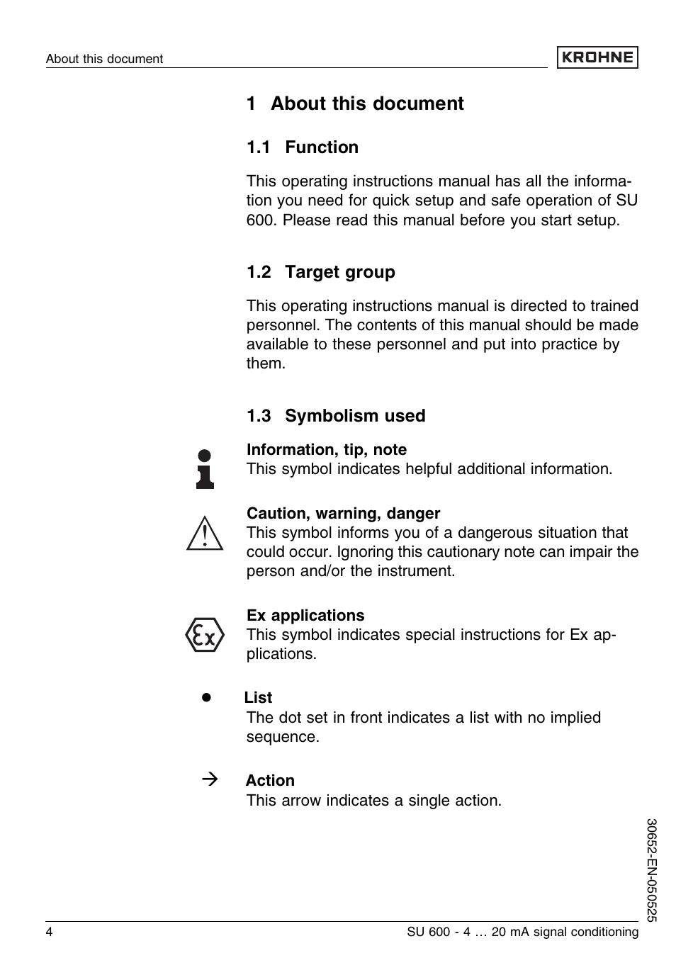 1 about this document, 1 function, 2 target group | 3 symbolism used | KROHNE SU 600 EN User Manual | Page 4 / 36