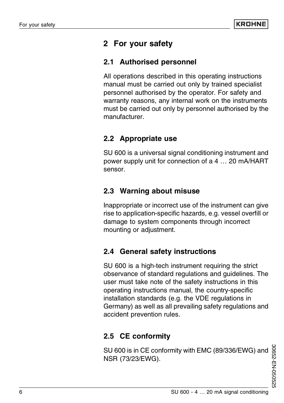 2 for your safety, 1 authorised personnel, 2 appropriate use | 3 warning about misuse, 4 general safety instructions, 5 ce conformity | KROHNE SU 600 EN User Manual | Page 6 / 36